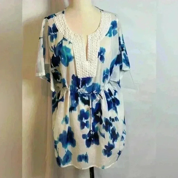 Michael Kors Beaded V-Neck White /Blue Blouse with draw string waist (L/XL) - Picture 16 of 16